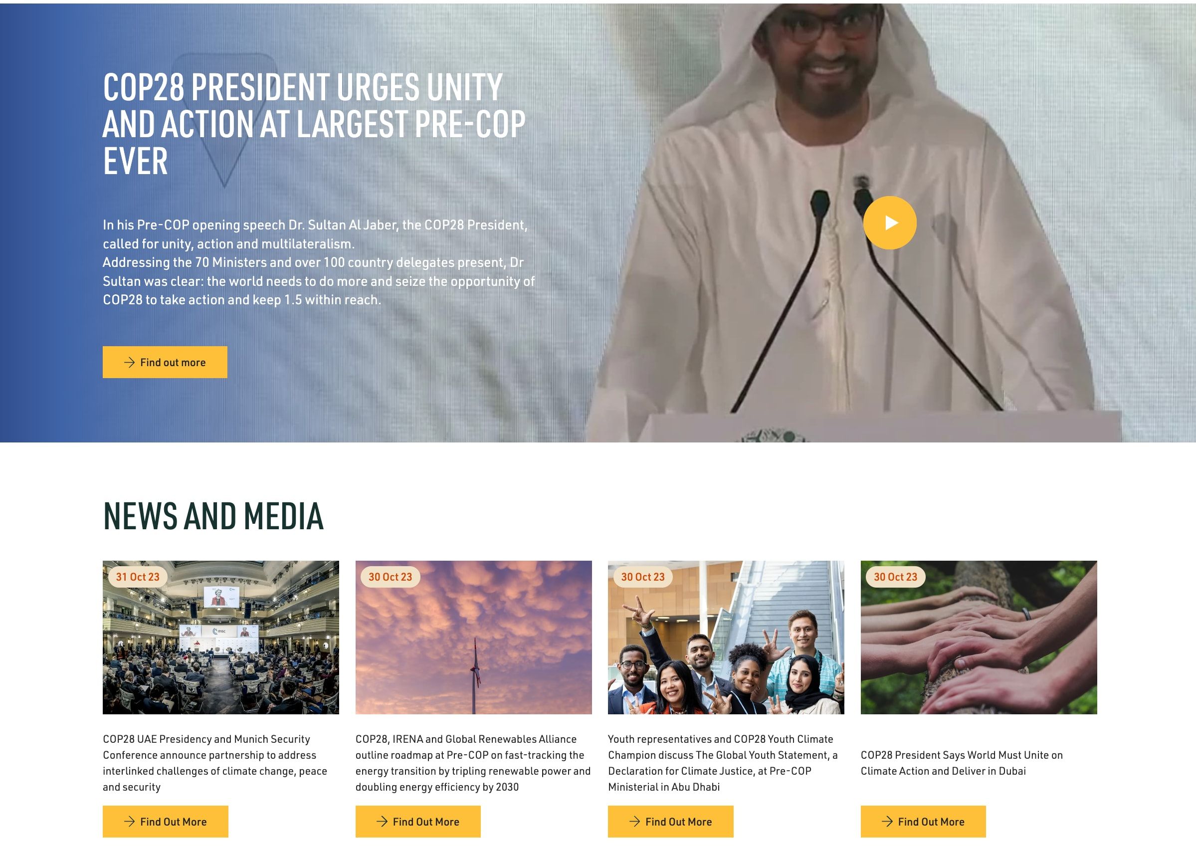 A screenshot of part of the COP28 homepage showing the