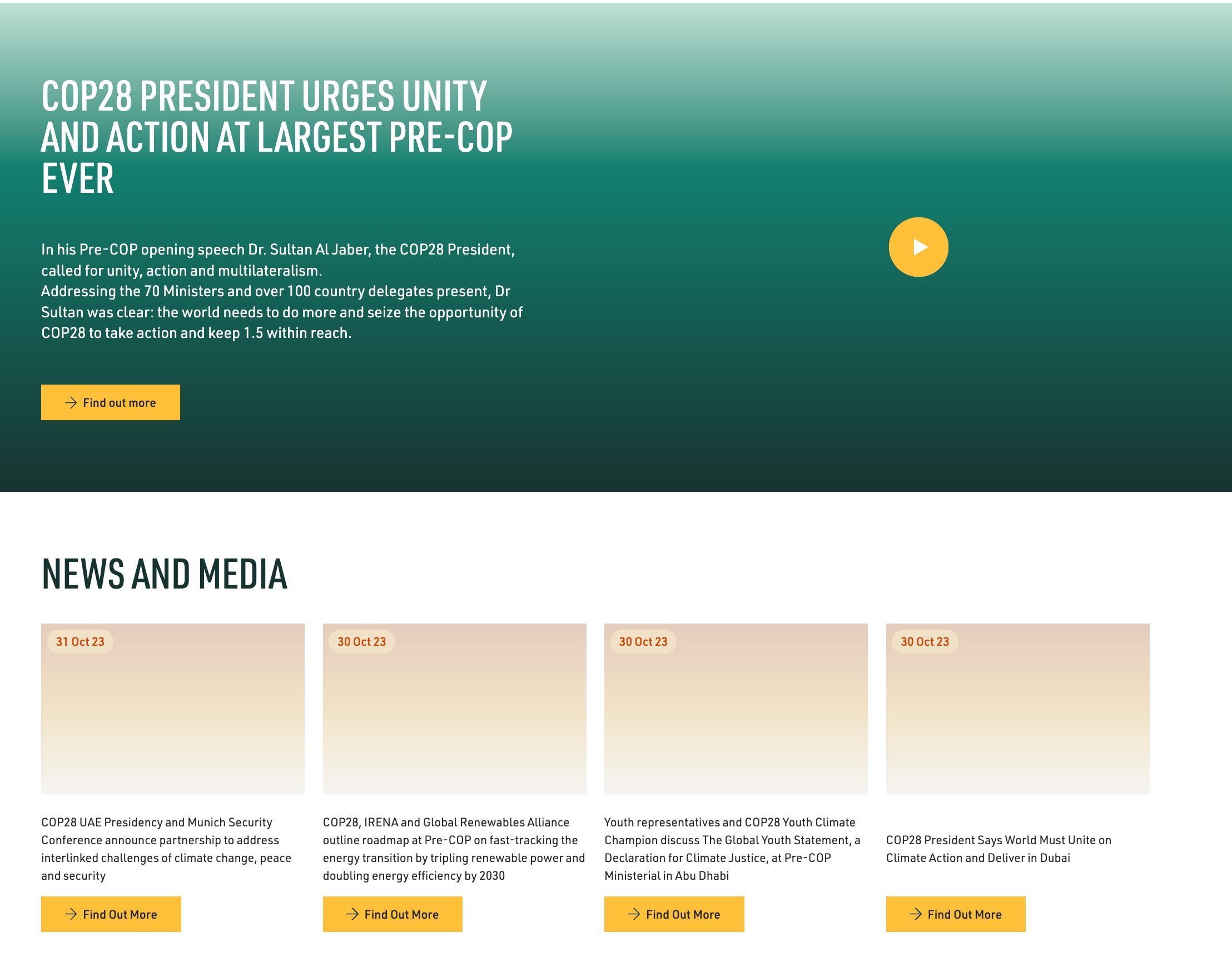A screenshot showing part of the COP28 homepage in the